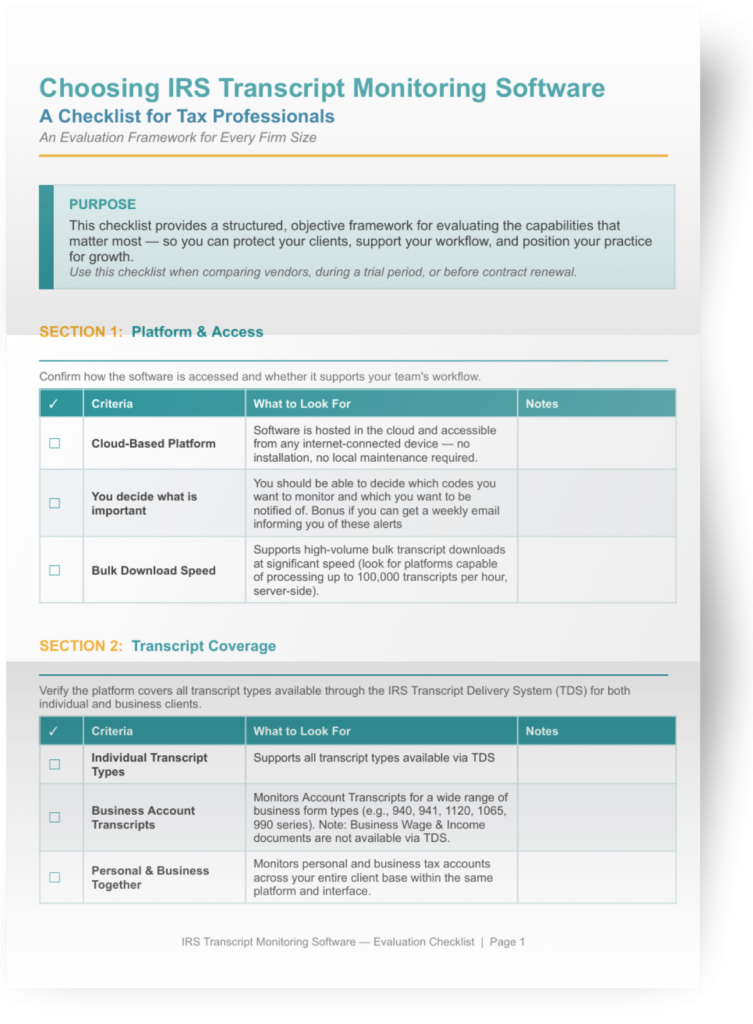 Choosing IRS transcript monitoring checklist